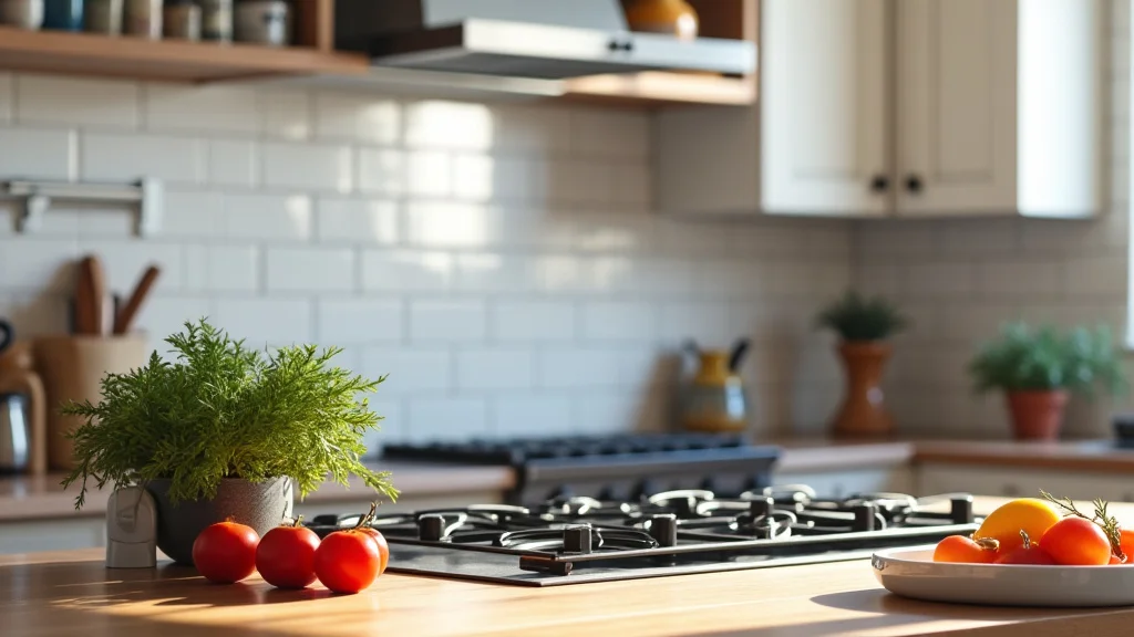 The image shows a person browsing a variety of kitchen appliances on a laptop, representing online shopping.